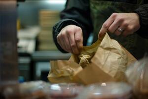 A person putting something in a bag photo