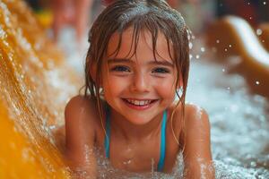 Joyful child enjoying water slide during summer at a water park photo