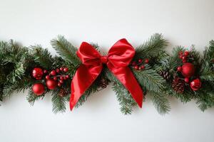 Decorative pine garland with red ribbons and ornaments for festive celebration photo