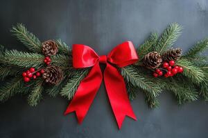Festive pine garland adorned with red ribbons and pine cones for Christmas celebrations photo