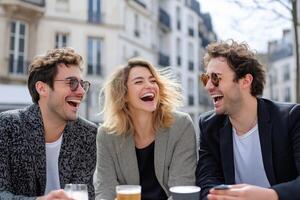 Joyful gathering of friends enjoying conversation and laughter in a Parisian cafe setting photo