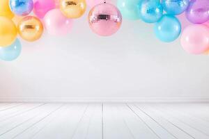 Vibrant dance floor with glowing disco ball and colorful stage lights creating dynamic atmosphere photo