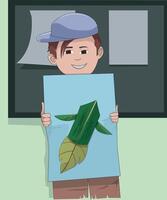 Creative Kid Proudly Presenting His Handcrafted Rocket Made from Leaves on Paper, A Unique and Imaginative Display of Nature Inspired Craftsmanship vector
