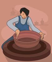 Cartoon style modern potter focused on handcrafting a beautiful clay vase, showcasing intricate details and craftsmanship, with hands shaping the clay in a creative, dynamic pose vector