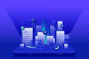 Digital Construction Building Automation illustration, Concept of smart construction iot technology of buildings as an application on tablet vector