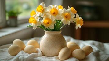 Minimalist Easter table setting with daffodils and eggs on a clean white tablecloth photo