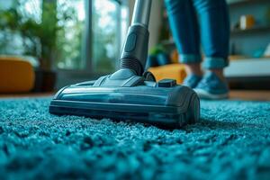 Vacuuming a vibrant blue carpet in a cozy indoor space during daylight hours photo
