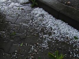 Hail stones accumulate on a sidewalk after intense storm in urban area photo