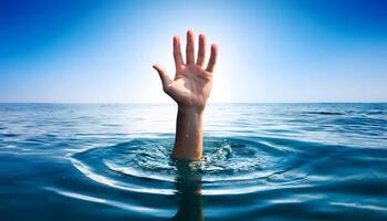 Hands raised from the water, danger help accident on urgency sos dangerous water background concept photography of risk hazard photo