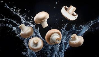 Fresh White button mushroom Agaricus bisporus float in the air with splashing water on black background. photo