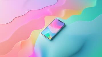 Smartphone resting on colorful abstract wavy background modern technology meets art photo