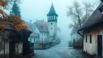 A foggy street with a clock tower in the background photo