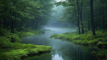 A river runs through a green forest with trees photo