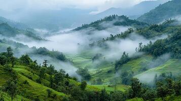 A valley with green hills and trees photo