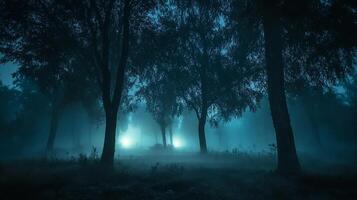 A dark forest with trees and fog photo