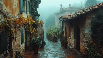 A narrow street in the fog with potted plants photo