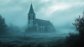 A church in the fog with trees and grass photo
