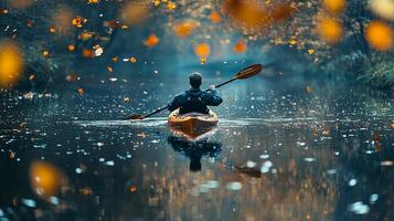 A man paddles a canoe through a river in autumn photo