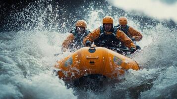 Three people in an orange raft riding through a river photo
