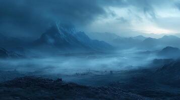 A dark blue landscape with mountains and fog photo
