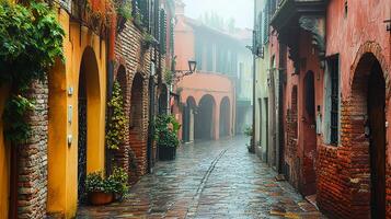 A narrow street with brick buildings and a foggy day photo