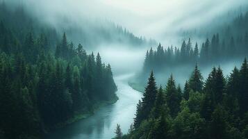 A river runs through a forest with trees and fog photo