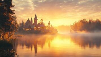 A castle sits on the shore of a lake at sunrise photo