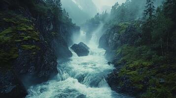 A waterfall in the middle of a forest photo