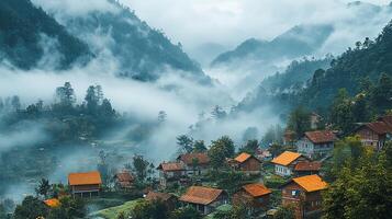 A village surrounded by mountains and fog photo