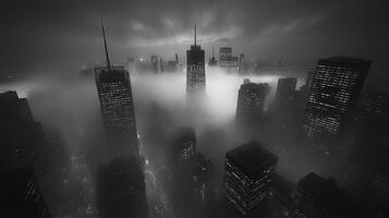 Black and white photograph of city skyline in fog photo
