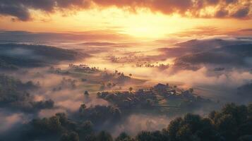 Foggy valley with houses and trees in the foreground photo