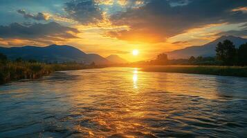 A river flowing through a valley at sunset photo