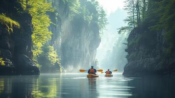 Two people in kayaks on a river in a canyon photo