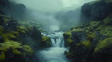A waterfall flowing through a mossy canyon photo