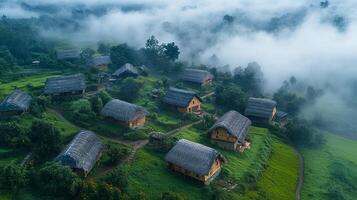 Aerial view of village in the fog photo
