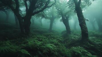 A forest with ferns and trees in the fog photo