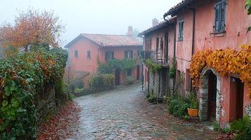 A cobblestone street in the fog with orange and red houses photo
