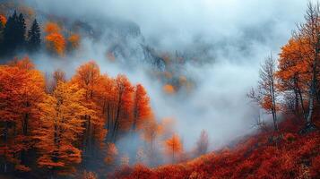 Autumn forest with fog and trees photo