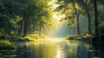 A river runs through a forest with trees and grass photo