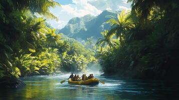 A group of people in a raft on a river photo