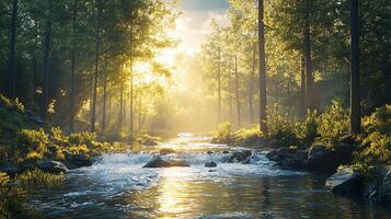 A river runs through a forest at sunset photo