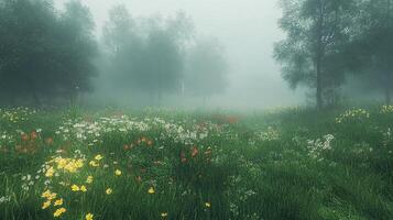 A field of flowers and trees in the fog photo