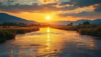 A river runs through a field at sunset photo