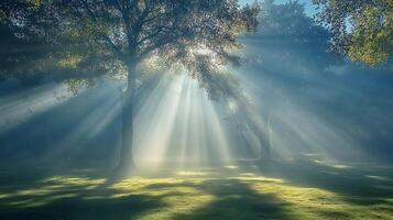 Sunbeams shine through trees in a park photo