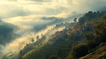 A village in the mountains with a foggy sky photo