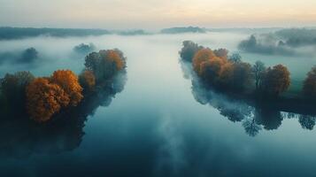 Autumn mist over the river in a forest photo