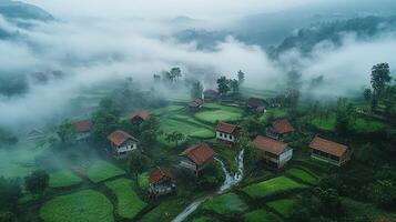 A view of a village in the fog photo