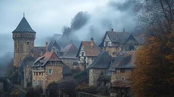 A village in the fog with a tower in the background photo