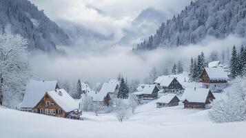 A snowy village surrounded by trees and mountains photo