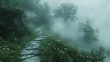 A path leads through the fog to a mountain photo